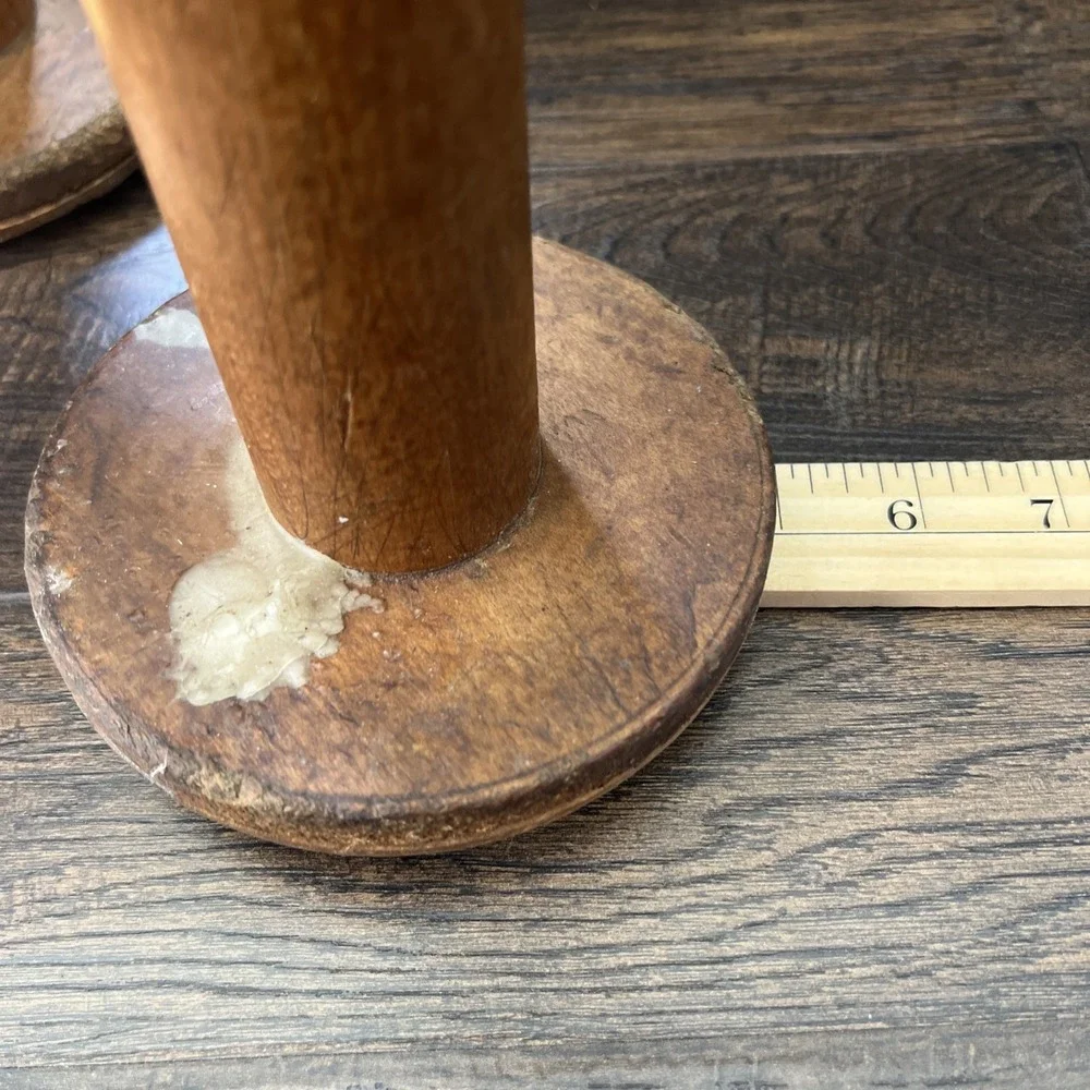 3-Vtg Wood Spool Candle Sticks Metal Accents Rustic Primitive Farmhouse Salvaged